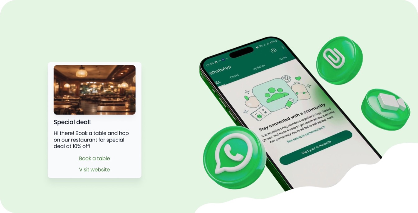 WhatsApp Business API features on a phone with template messaging