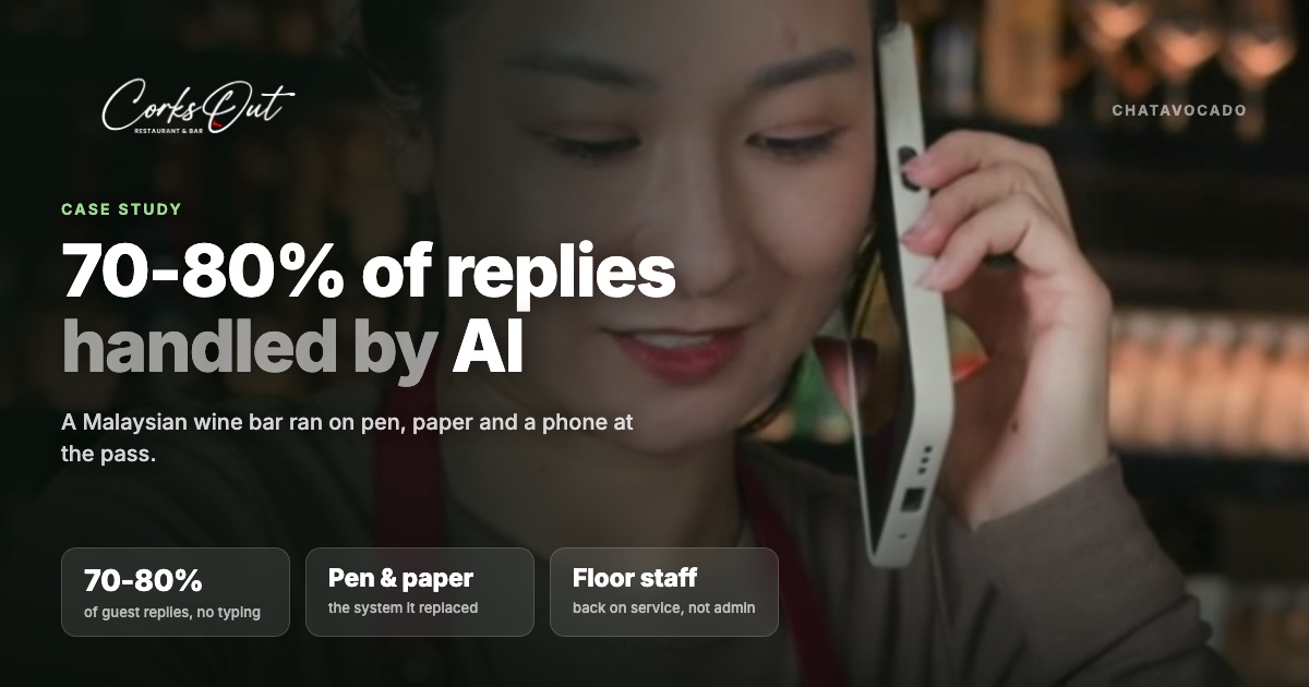 Stephanie from Corks Out, a Malaysian wine bar and chargrill restaurant, explaining how AI handles 70-80% of their WhatsApp guest replies