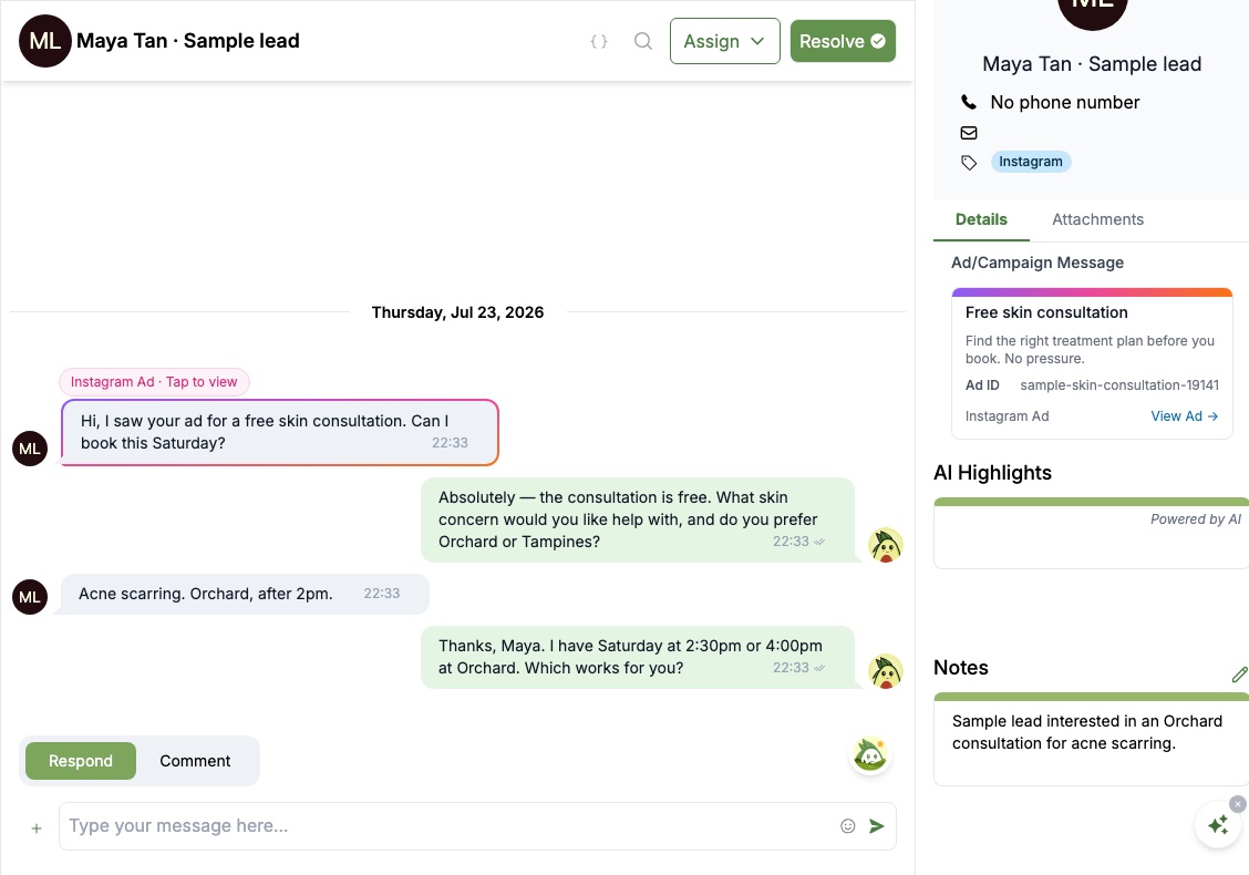 Expanded chatavocado conversation showing customer messages on the left, contextual AI replies on the right, and the Instagram ad card