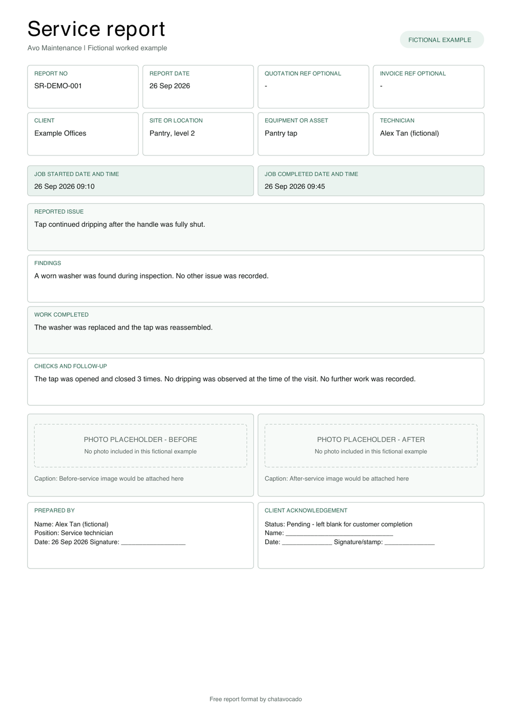 Fictional SR-DEMO-001 maintenance report for a pantry tap repair, with separate findings and work sections, labelled photo placeholders and unfilled customer acknowledgement