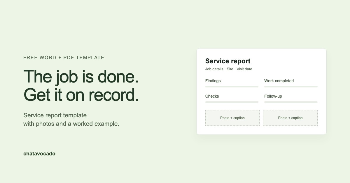 Service report template with separate findings, work completed, photo evidence and acknowledgement sections