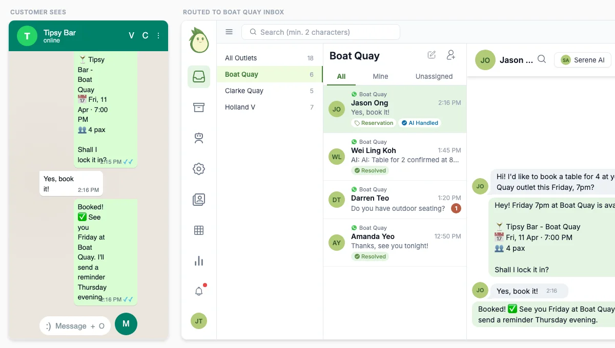 Side-by-side view: customer books on WhatsApp, booking is automatically routed to the correct branch inbox in chatavocado