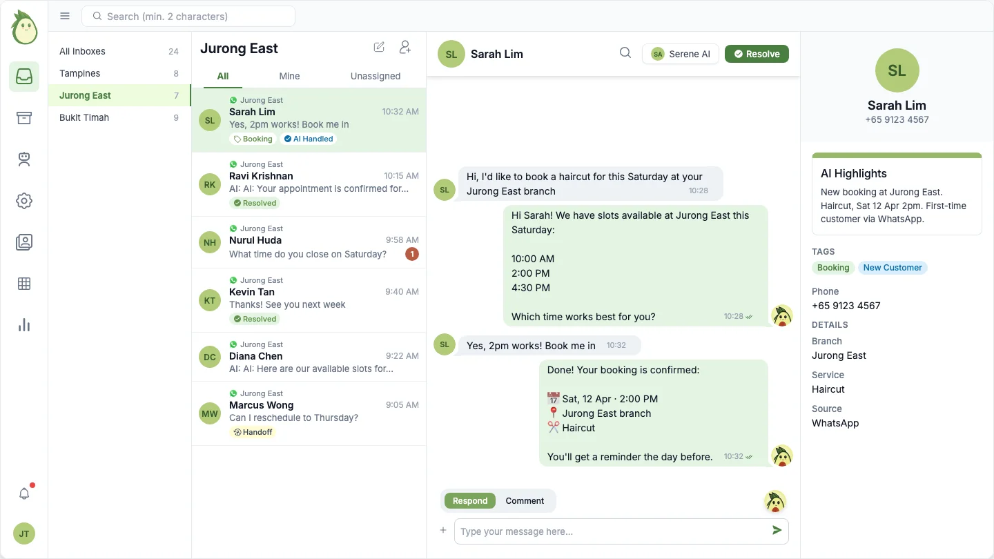 chatavocado inbox showing branch folders for Tampines, Jurong East, and Bukit Timah with AI-handled booking conversations