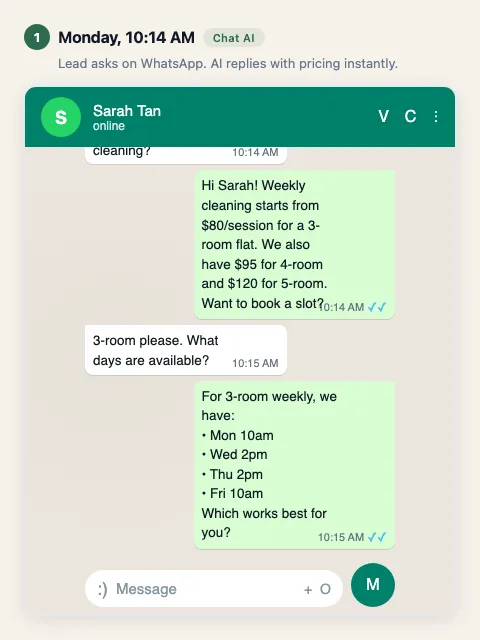 WhatsApp chat where Sarah asks about a service and the AI replies with pricing