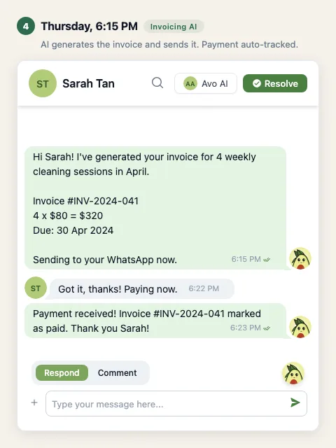 chatavocado message area showing Sarah invoice generated and payment tracked