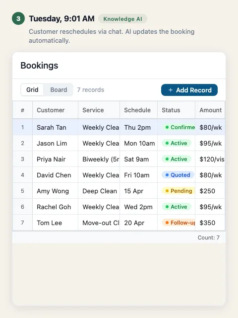 Booking records table with Sarah Tan confirmed for weekly cleaning