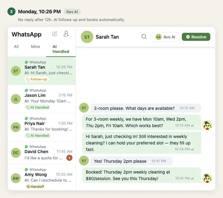 chatavocado inbox showing Sarah Tan followed up and booked automatically