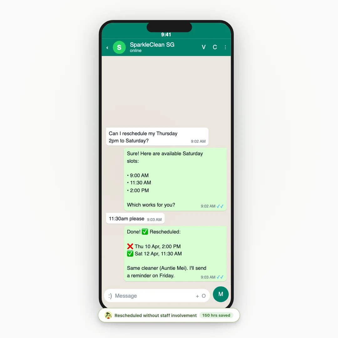 WhatsApp conversation handling rescheduling and calendar management