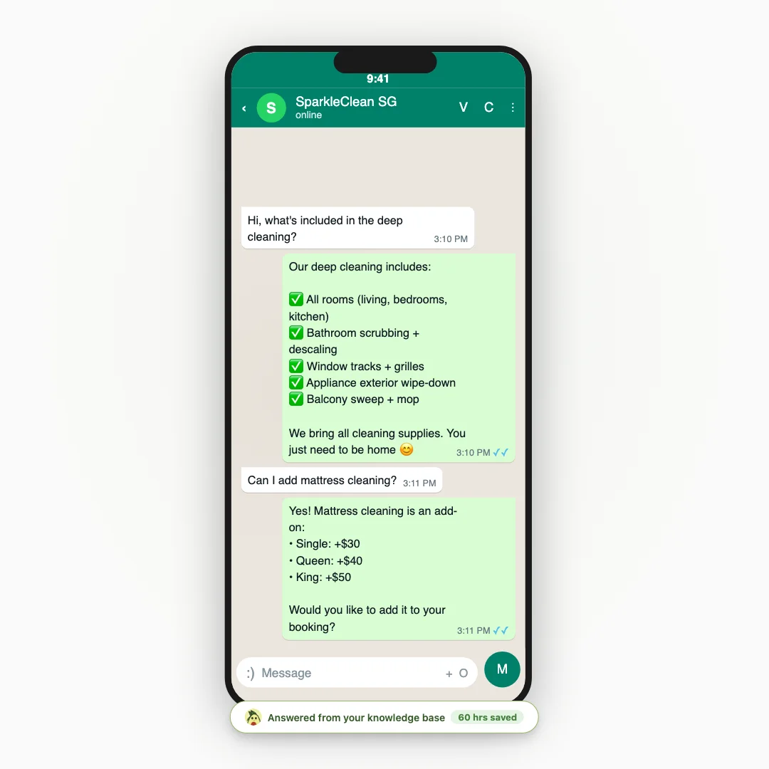 WhatsApp conversation answering customer questions from your knowledge base