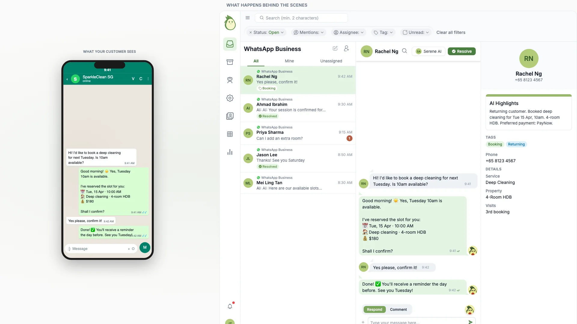 Customer WhatsApp conversation alongside the business inbox view