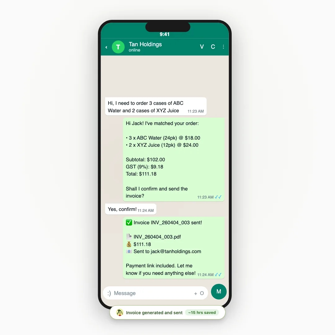 Customer orders via WhatsApp and invoice is generated and sent automatically