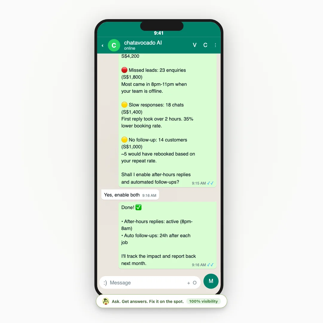 Conversational revenue analysis showing missed leads and actionable recommendations