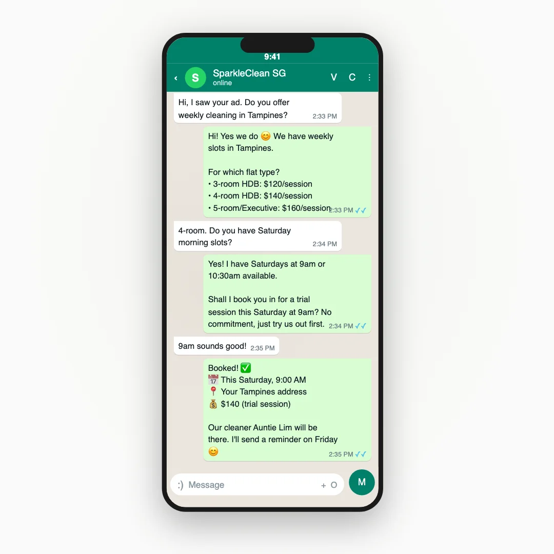 WhatsApp conversation showing lead qualification and instant booking